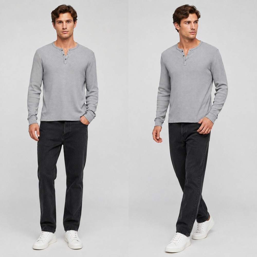 John Varvatos USA Mens Grey Waffle Knit Henley Long Sleeve Shirt L